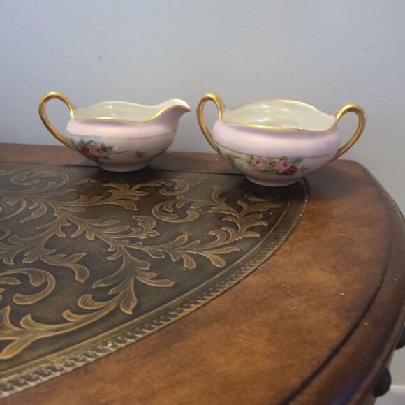 MW Poole Bohemian Porcelain Sugar & Creamer Pink Floral Gold Trim Czechoslovakia - Picture 2 of 8